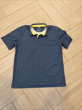 Men’s Navy Blue Printed Polo with Yellow Trim